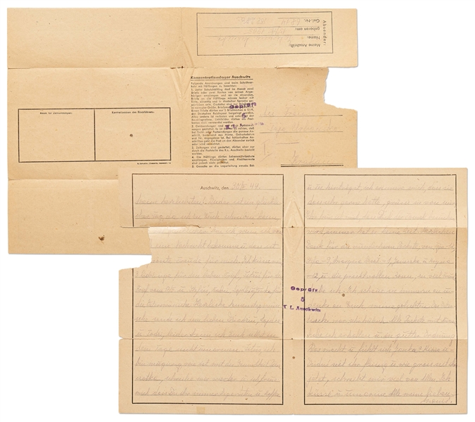 WWII Letter From a Prisoner at the Auschwitz Concentration Camp -- on Auschwitz Stationery With Camp ''Rules''