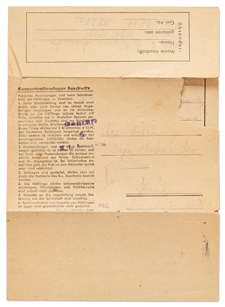 WWII Letter From a Prisoner at the Auschwitz Concentration Camp -- on Auschwitz Stationery With Camp ''Rules''