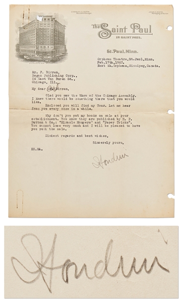 Harry Houdini Letter Signed -- ''...Why don't you put my books on sale at your establishment...'Miracle Mongers' and 'Paper Tricks'...''