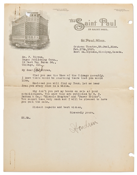 Harry Houdini Letter Signed -- ''...Why don't you put my books on sale at your establishment...'Miracle Mongers' and 'Paper Tricks'...''