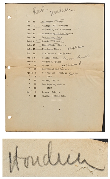 Harry Houdini Signed and Annotated Tour Schedule from 1923