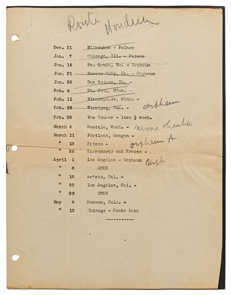 Harry Houdini Signed and Annotated Tour Schedule from 1923