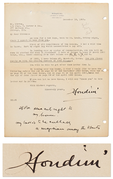 Harry Houdini Letter Signed and Autograph Note -- ''...I had a wild time in Texas...My book is to be called A Magician Among the Spirits...''