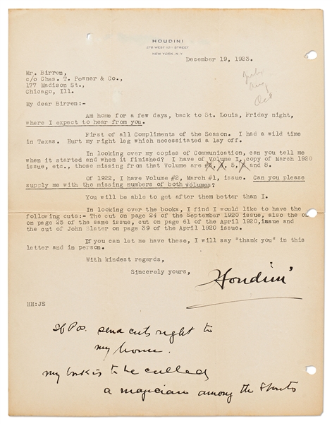 Harry Houdini Letter Signed and Autograph Note -- ''...I had a wild time in Texas...My book is to be called A Magician Among the Spirits...''