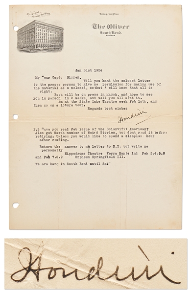 Harry Houdini Letter Signed -- ''...get March number of Weird Stories, but dont read it before retiring. Unless you would like to spend a sleepless hour after reading...''