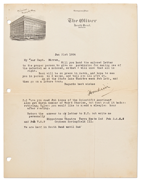 Harry Houdini Letter Signed -- ''...get March number of Weird Stories, but dont read it before retiring. Unless you would like to spend a sleepless hour after reading...''