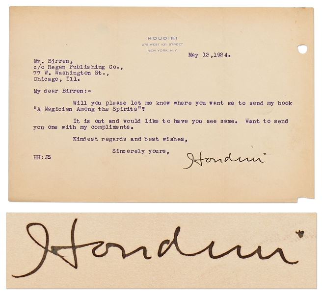 Harry Houdini Letter Signed -- ''...Will you please let me know where you want me to send my book 'A Magician Among the Spirits'?...''