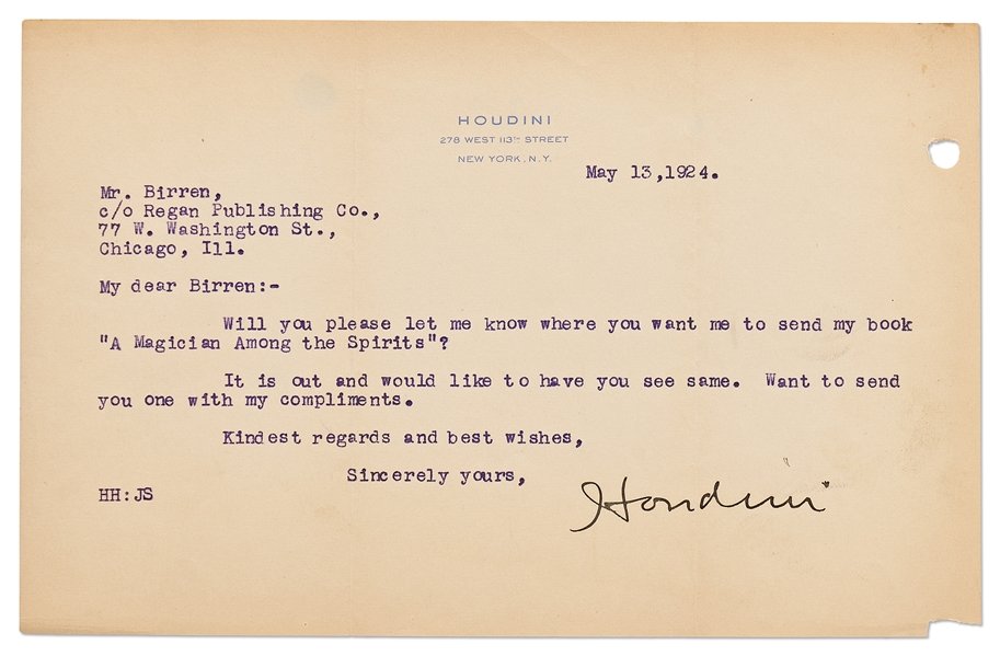 Harry Houdini Letter Signed -- ''...Will you please let me know where you want me to send my book 'A Magician Among the Spirits'?...''