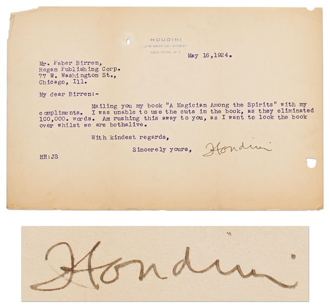 Harry Houdini Letter Signed -- ''...Mailing you my book 'A Magician Among the Spirits'...''