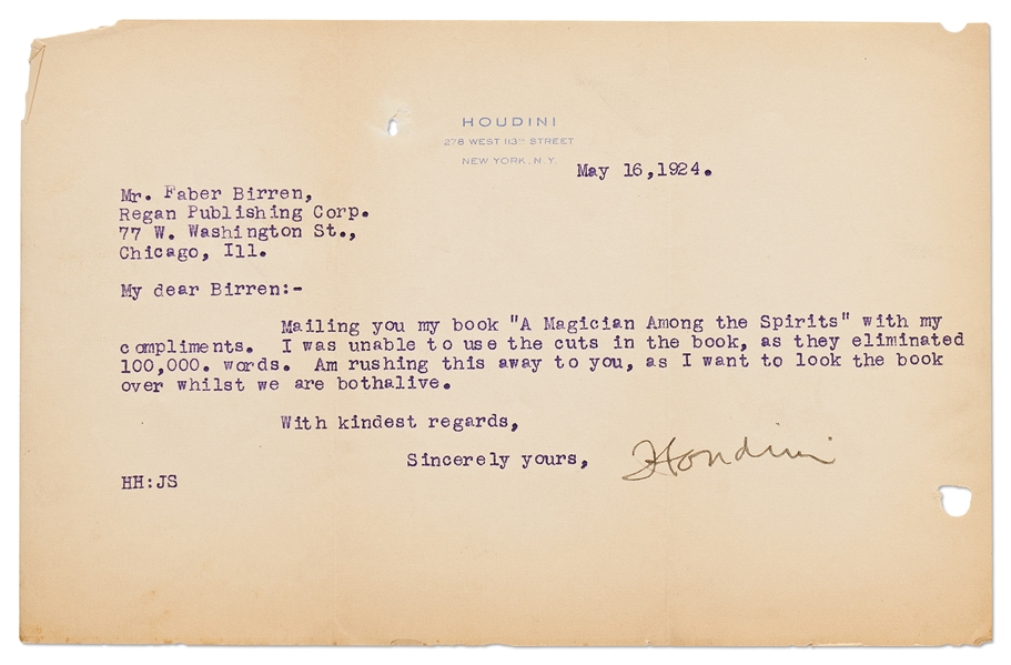 Harry Houdini Letter Signed -- ''...Mailing you my book 'A Magician Among the Spirits'...''