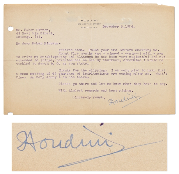 Harry Houdini Letter Signed -- ''...I am very glad to hear that a mass meeting of 65 churches of Spiritualists are coming after me...''