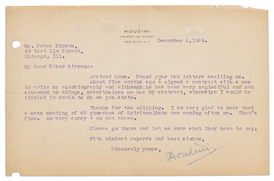 Harry Houdini Letter Signed -- ''...I am very glad to hear that a mass meeting of 65 churches of Spiritualists are coming after me...''