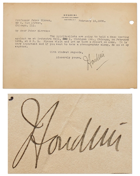 Harry Houdini Letter Signed -- ''...The Spiritualists are going to hold a Mass Meeting against me...Please visit and let me have a report on same...''