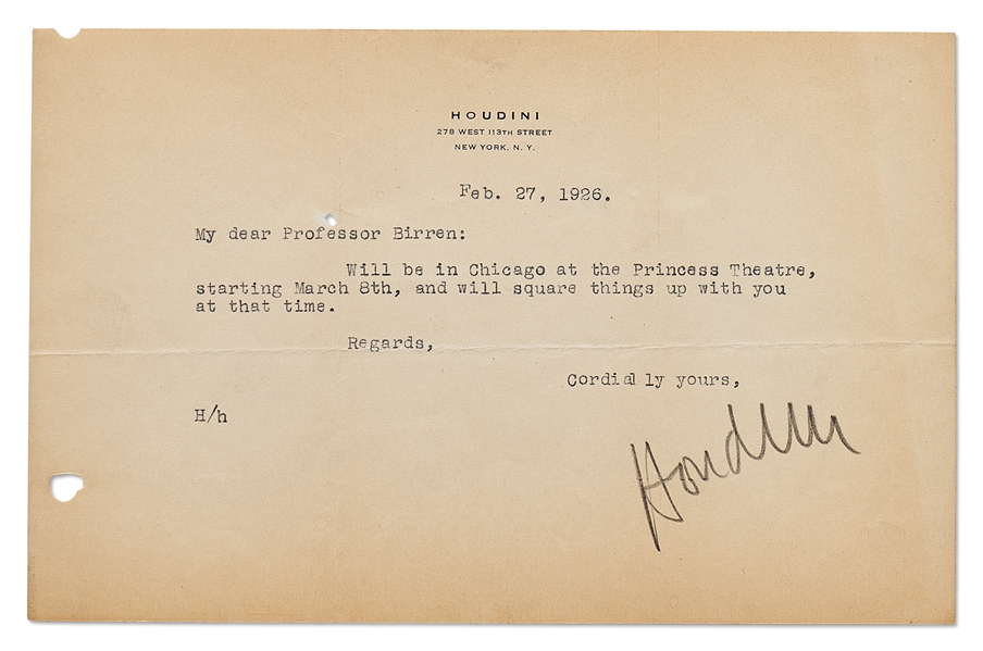 Harry Houdini Letter Signed -- ''...will square things up with you at that time...''