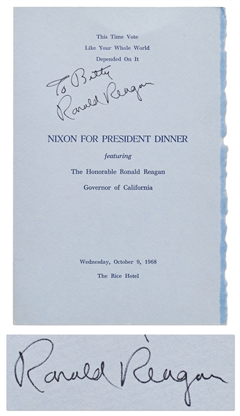 Ronald Reagan Signed ''Nixon for President Dinner'' Program -- Signed by Reagan in 1968 as Governor of California