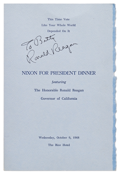 Ronald Reagan Signed ''Nixon for President Dinner'' Program -- Signed by Reagan in 1968 as Governor of California