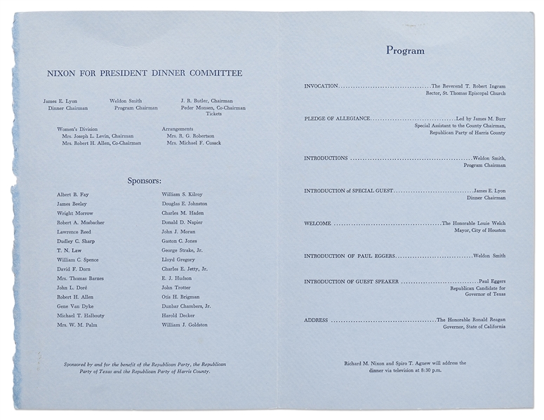 Ronald Reagan Signed ''Nixon for President Dinner'' Program -- Signed by Reagan in 1968 as Governor of California