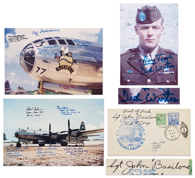 Enola Gay Crew-Signed 12'' x 8'' Photo -- Also Includes Large Bockscar Crew-Signed Photo, John Basilone Signed Cover and Dick Winters Signed Photo