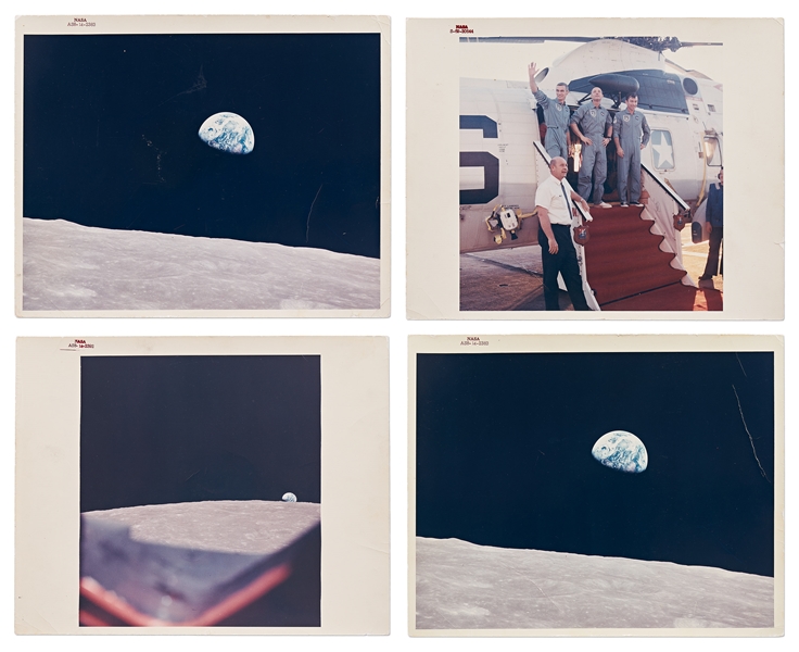 Lot of Four Red Number NASA Photos Including Two ''Earthrise'' Photos -- All with ''A Kodak Paper'' Watermark on Verso