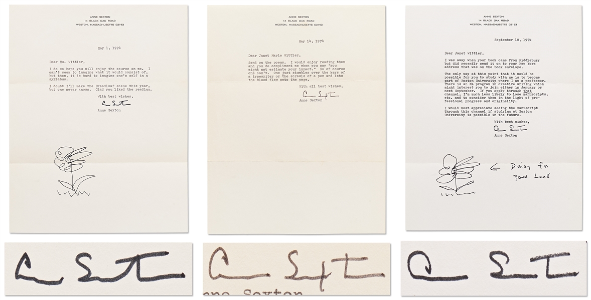 Lot of Three Letters Signed by Poet Anne Sexton -- ''One just...lets the blood flow onto the page.''