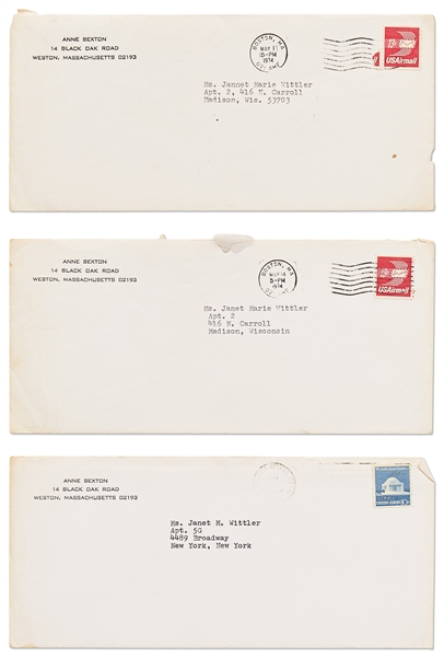 Lot of Three Letters Signed by Poet Anne Sexton -- ''One just...lets the blood flow onto the page.''