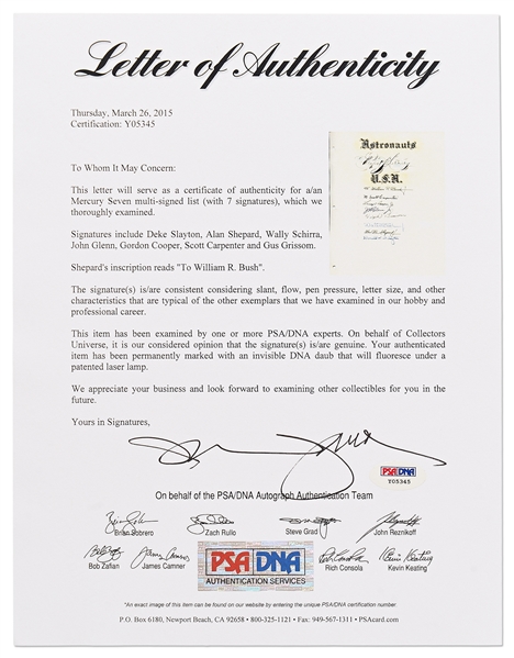 Signatures of all Mercury 7 Astronauts -- With PSA/DNA COA