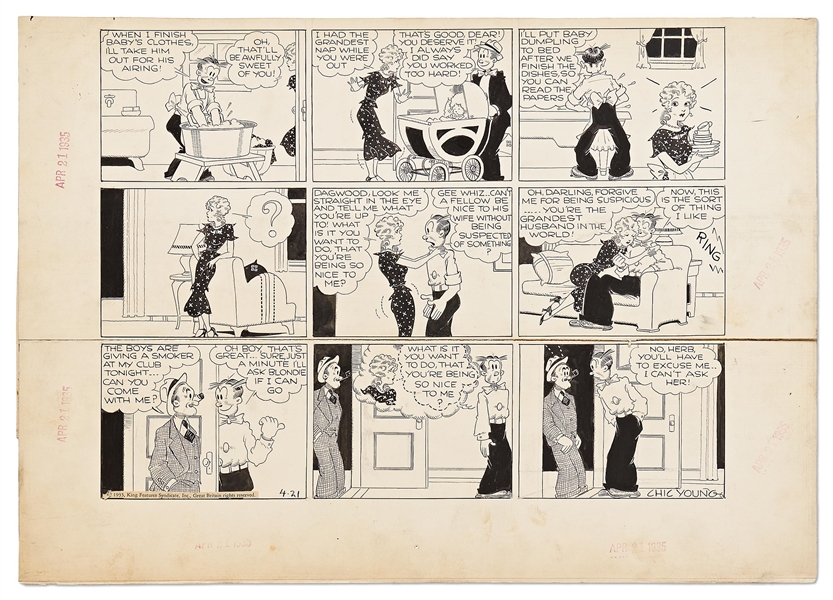 Chic Young Hand-Drawn ''Blondie'' Sunday Comic Strip From 1935 -- Blondie Wonders Why Dagwood Is Being So Nice to Her