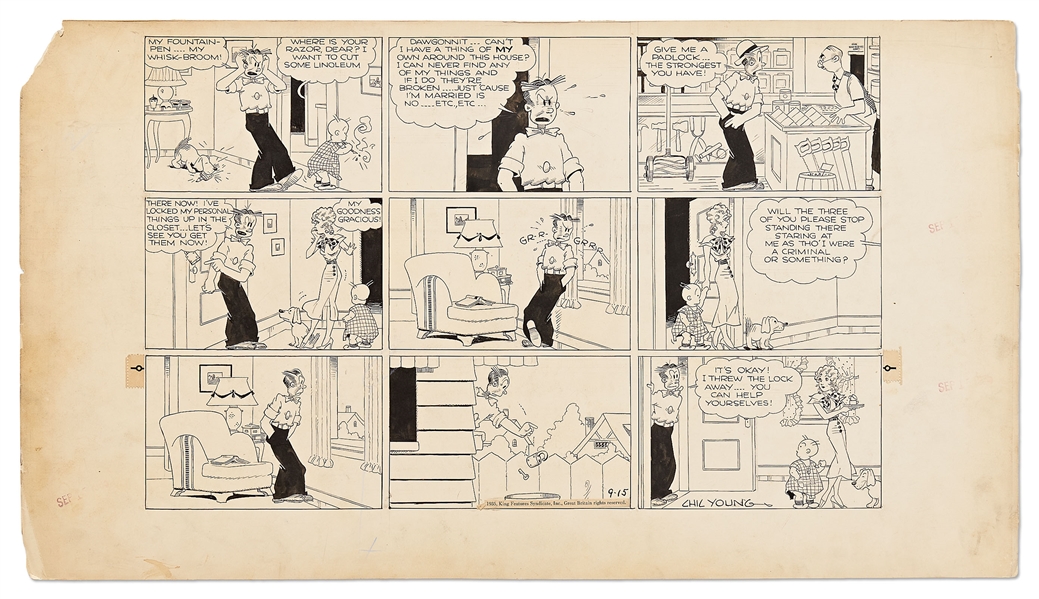 Chic Young Hand-Drawn ''Blondie'' Sunday Comic Strip From 1935 -- Dagwood Misses His Family