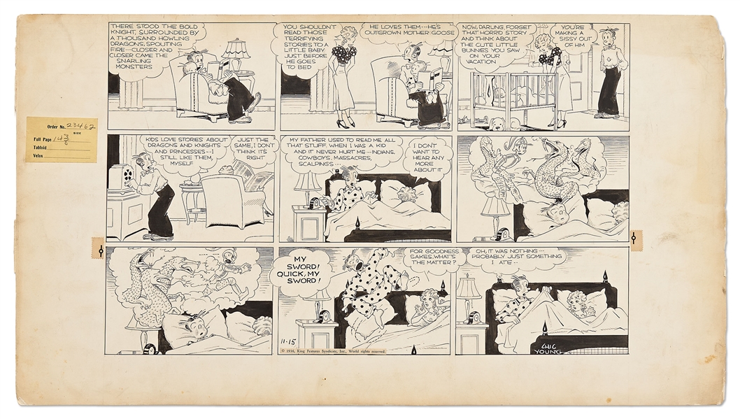 Chic Young Hand-Drawn ''Blondie'' Sunday Comic Strip From 1936 -- Dagwood Dreams of Dragons & Swords -- Also With Original Artwork on Verso of Strip