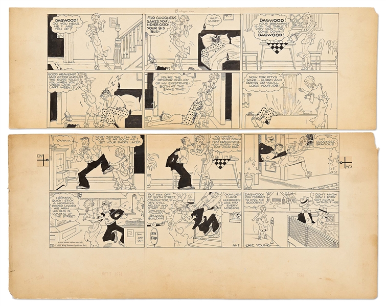 Chic Young Hand-Drawn ''Blondie'' Sunday Comic Strip From 1934 -- Blondie Helps a Sleepy Dagwood Get to Work