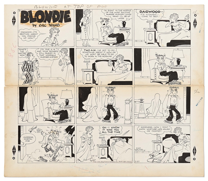 Chic Young Hand-Drawn ''Blondie'' Sunday Comic Strip From 1949 -- Blondie Scares Dagwood Silly