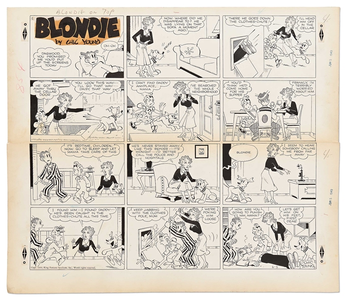 Chic Young Hand-Drawn ''Blondie'' Sunday Comic Strip From 1949 -- Dagwood Tries to Temporarily Escape from Domestic Duties (and Fails)