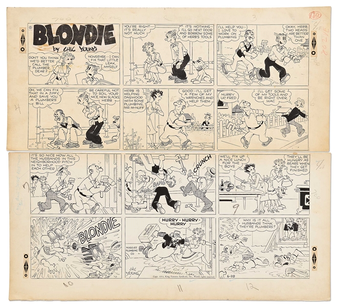 Chic Young Hand-Drawn ''Blondie'' Sunday Comic Strip From 1953 -- A Plumbing Problem Goes Terribly Awry