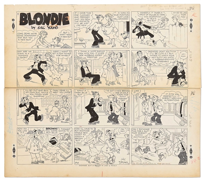 Chic Young Hand-Drawn ''Blondie'' Sunday Comic Strip From 1953 -- Blondie Goes Shopping