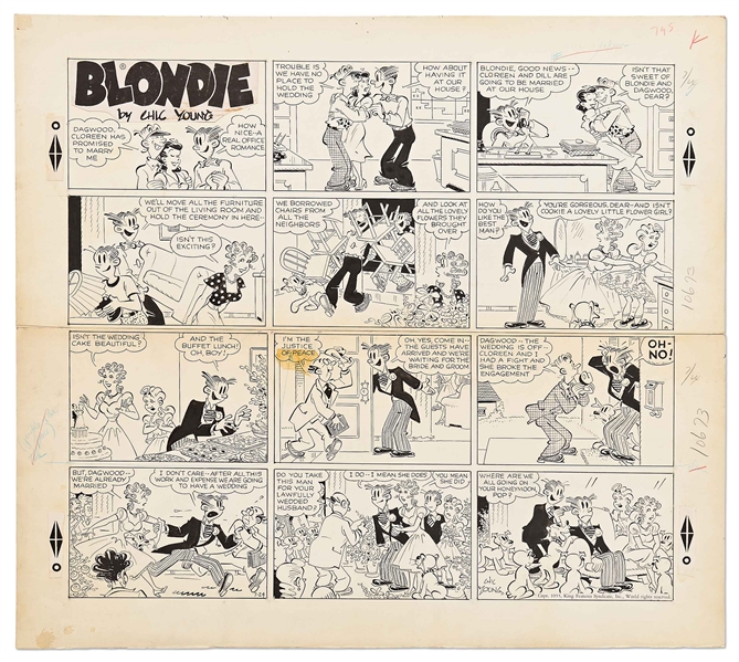 Chic Young Hand-Drawn ''Blondie'' Sunday Comic Strip From 1955 -- Dagwood and Blondie Get Married Again!