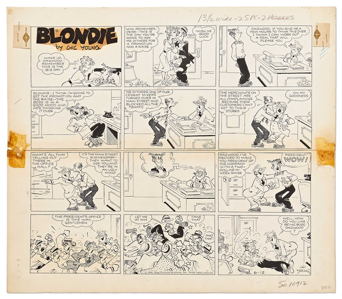 Chic Young Hand-Drawn ''Blondie'' Sunday Comic Strip From 1960 -- Dagwood Takes Some Knocks as the Newly Minted President of the Company -- Also With Chic Young's Original Preliminary Artwork