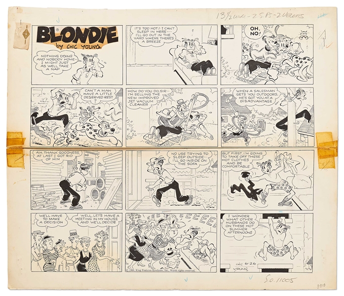 Chic Young Hand-Drawn ''Blondie'' Sunday Comic Strip From 1960 -- Dagwood Can't Catch a Nap or a Break -- Also With Chic Young's Original Preliminary Artwork