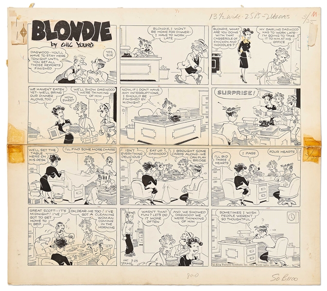 Chic Young Hand-Drawn ''Blondie'' Sunday Comic Strip From 1962 -- Dagwood Can't Get Any Work Done -- Also With Chic Young's Original Preliminary Artwork