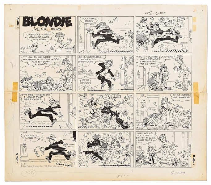 Chic Young Hand-Drawn ''Blondie'' Sunday Comic Strip From 1968 -- Dagwood Crashes Into the Mailman on His Way to Work Not Once, But Three Times! -- Also With Chic Young's Original Preliminary Artwork