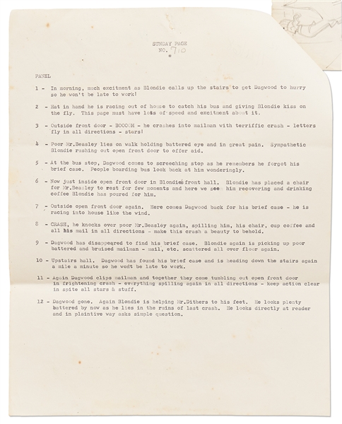 Chic Young Hand-Drawn ''Blondie'' Sunday Comic Strip From 1968 -- Dagwood Crashes Into the Mailman on His Way to Work Not Once, But Three Times! -- Also With Chic Young's Original Preliminary Artwork