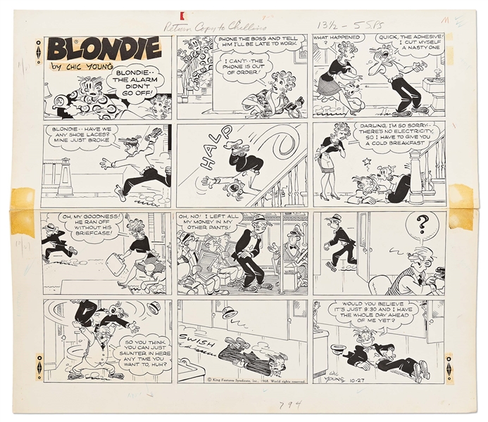 Chic Young Hand-Drawn ''Blondie'' Sunday Comic Strip From 1968 -- The Day's Off to a Bad Start for Dagwood -- Also With Chic Young's Original Preliminary Artwork