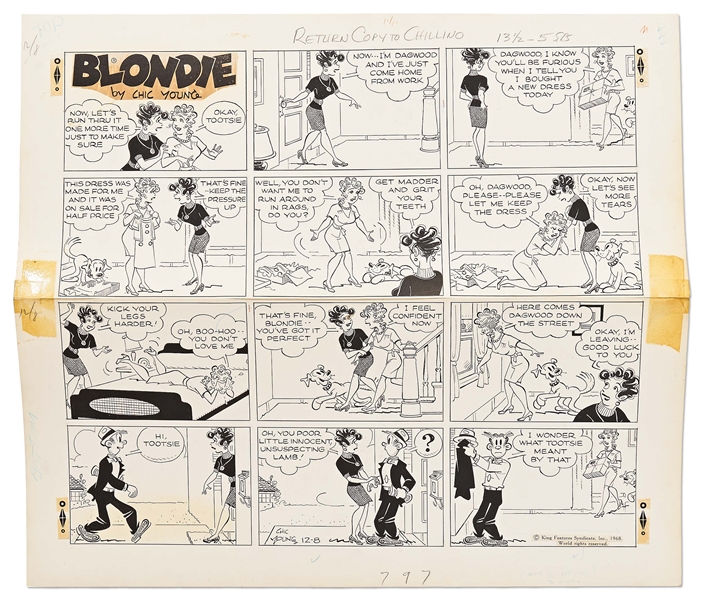 Chic Young Hand-Drawn ''Blondie'' Sunday Comic Strip From 1968 -- Blondie Rehearses Her Feminine Wiles