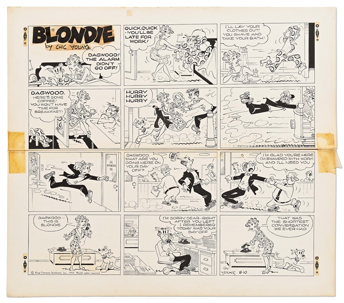 Chic Young Hand-Drawn ''Blondie'' Sunday Comic Strip From 1969 -- Dagwood Rushes to Work on His Day Off!