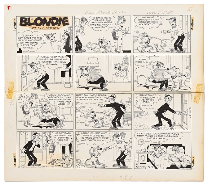 Chic Young Hand-Drawn ''Blondie'' Sunday Comic Strip From 1970 -- The Bumsteads Have a New Dog!