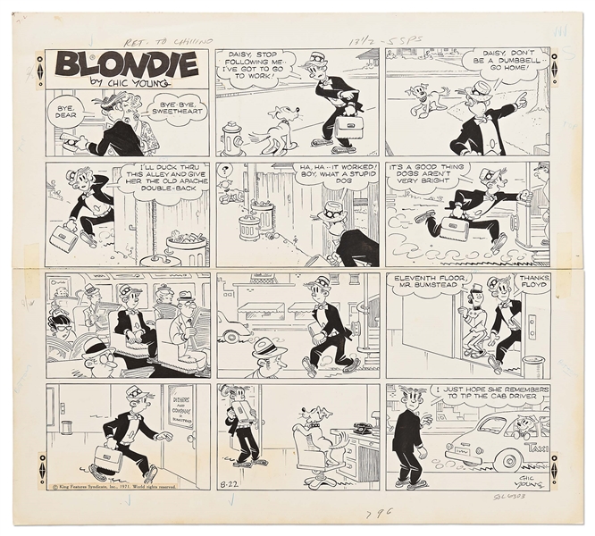 Chic Young Hand-Drawn ''Blondie'' Sunday Comic Strip From 1971 -- Daisy the Dog Is Pretty Smart