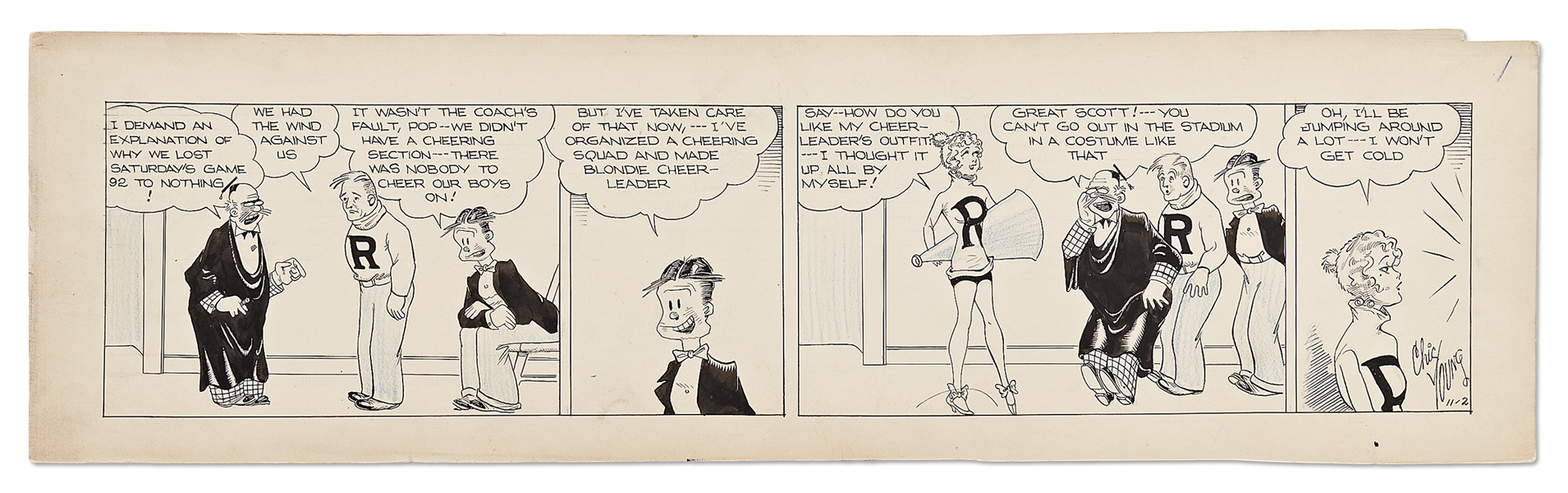 Chic Young Hand-Drawn ''Blondie'' Comic Strip From 1931 -- Blondie's a Cheerleader for Dagwood's Team