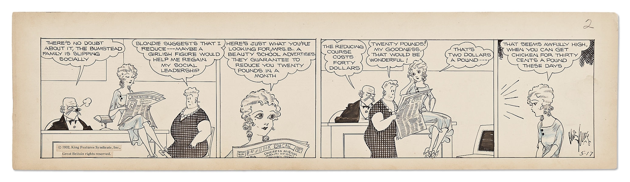 Chic Young Hand-Drawn ''Blondie'' Comic Strip From 1932 -- Blondie's Employed by Dagwood's Parents & Helps Mrs. Bumstead Lose a Few Pounds