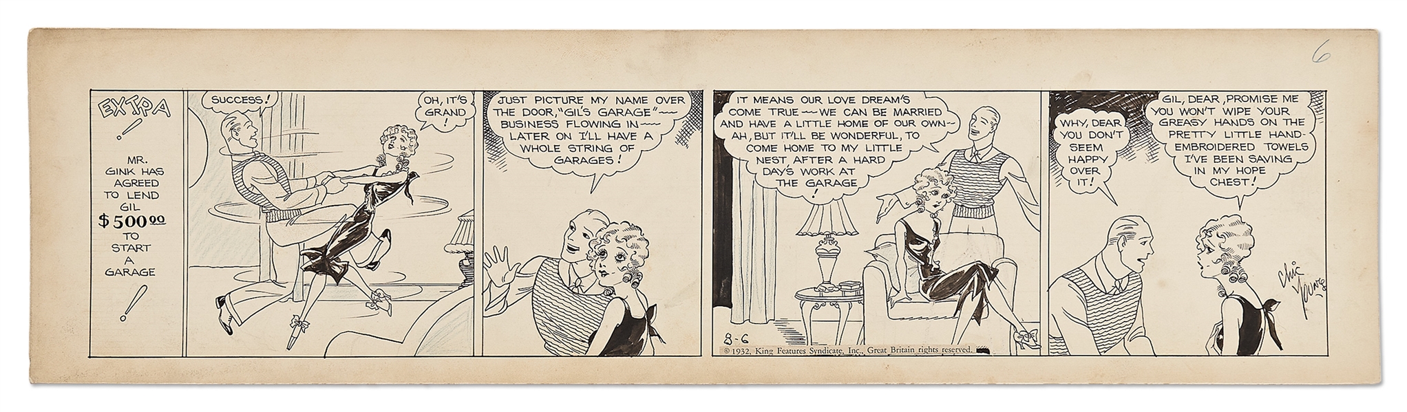 Chic Young Hand-Drawn ''Blondie'' Comic Strip From 1932 -- Blondie Briefly Dates Gil the Mechanic