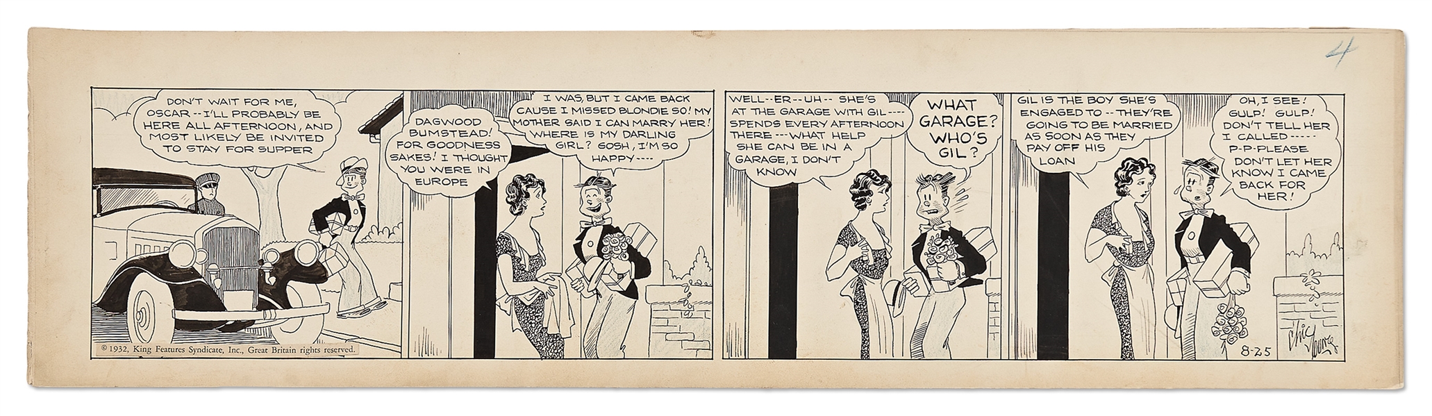 Chic Young Hand-Drawn ''Blondie'' Comic Strip From 1932 -- Dagwood Returns from His Cruise Only to Find Out Blondie Is Engaged to Another! -- Strip Also Features a Rare Appearance by Blondie's Mother