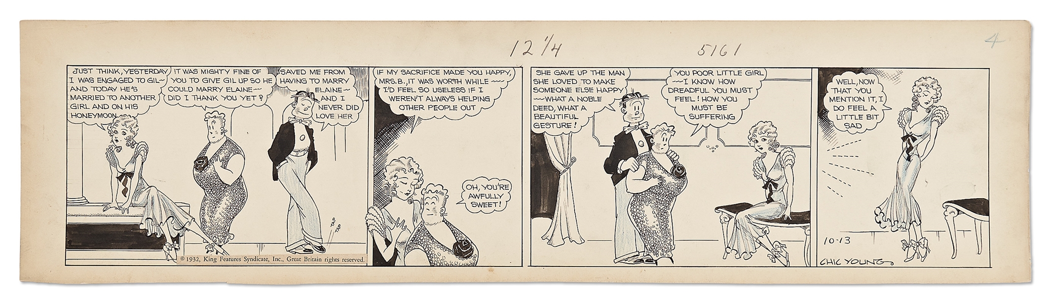 Chic Young Hand-Drawn ''Blondie'' Comic Strip From 1932 -- Blondie Gives Up Gil so He Can Marry Dagwood's Ex-Girlfriend